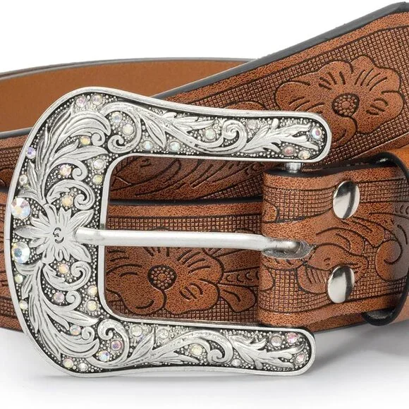 Western-Belt-for-Women-Cowgirl, PU-Leather-Waist-Belts with Vintage-Carved-Buckl - Picture 8 of 8